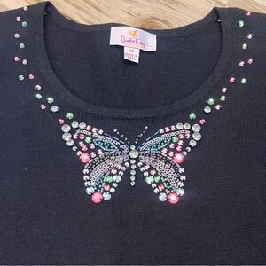 Quacker Factory XS Black Embellished Butterfly Jewel 3/4 Sleeve Top Shirt Blouse